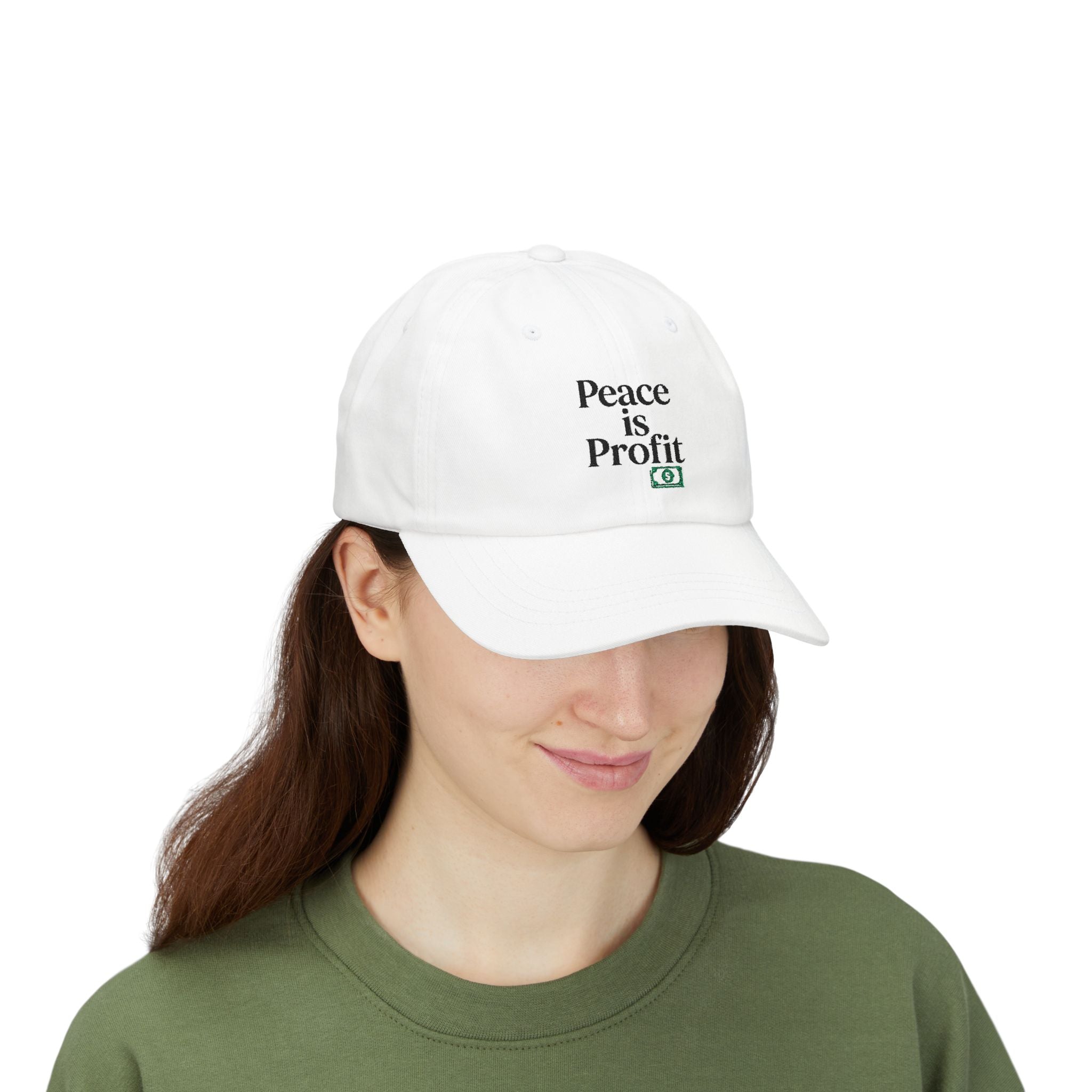 Peace Is Profit Dad Cap — White Embroidered Money & Peace Hat