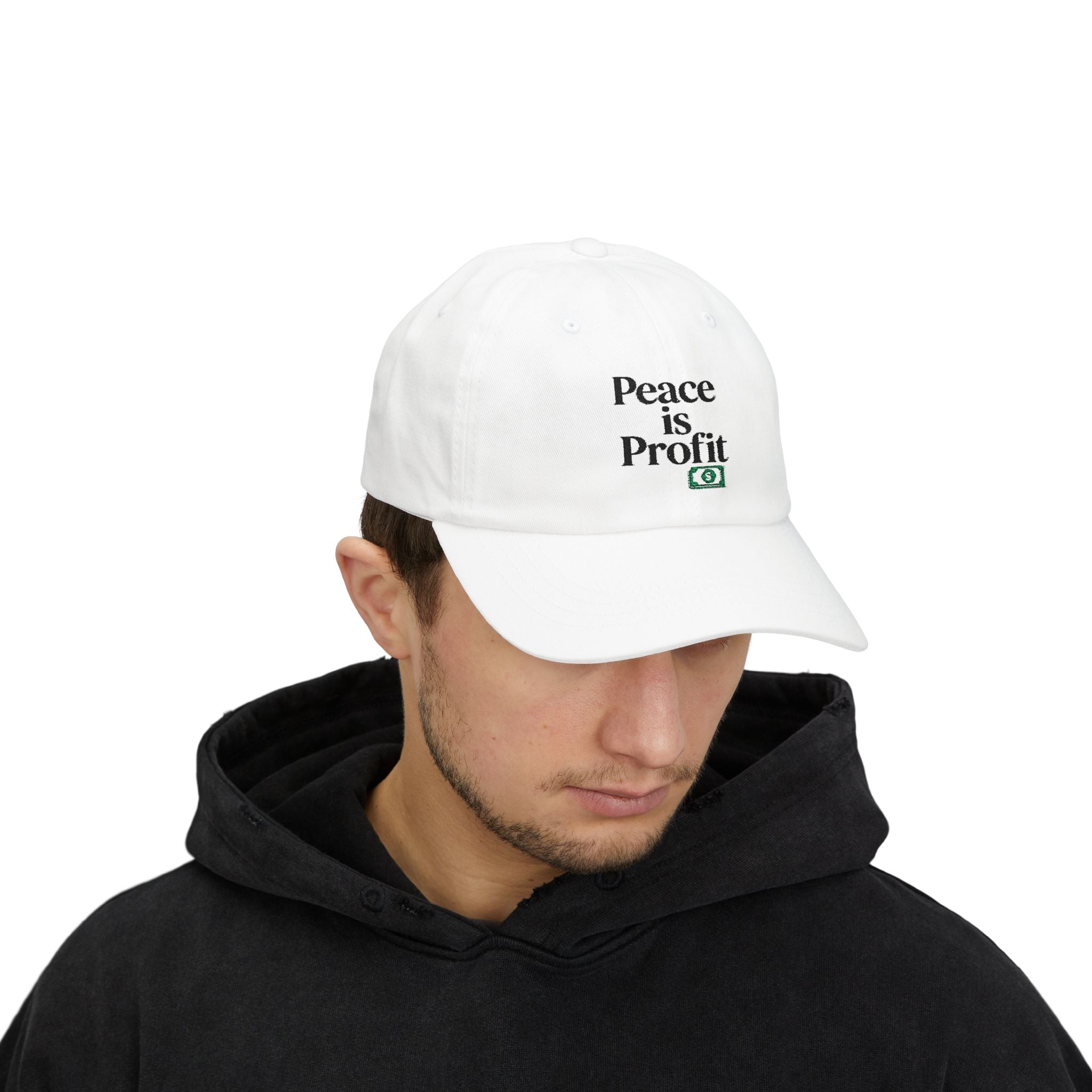 Peace Is Profit Dad Cap — White Embroidered Money & Peace Hat